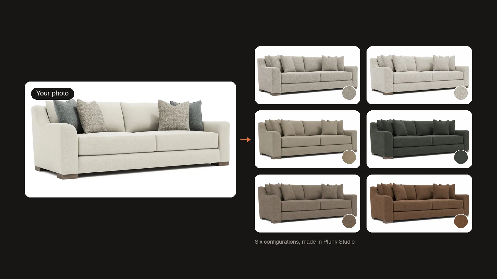 One sofa photo and six fabric configurations of it made in Plunk Studio